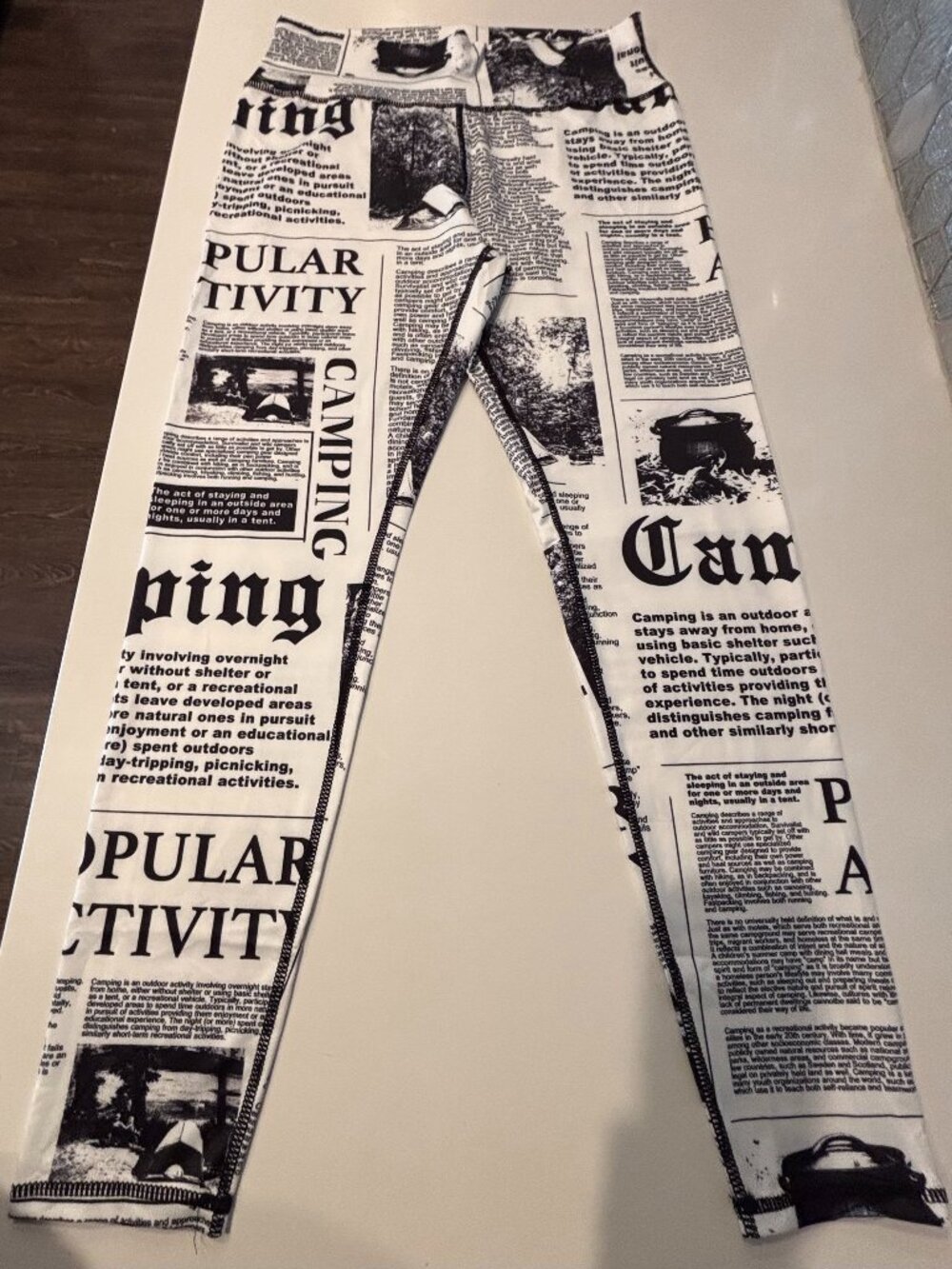CAMPING Newspaper Print Leggings High Waisted